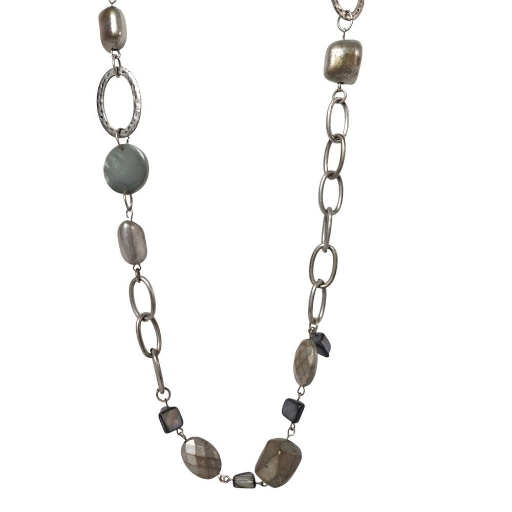 Silver Tone Grey Beads Mixed Media Statement Necklace